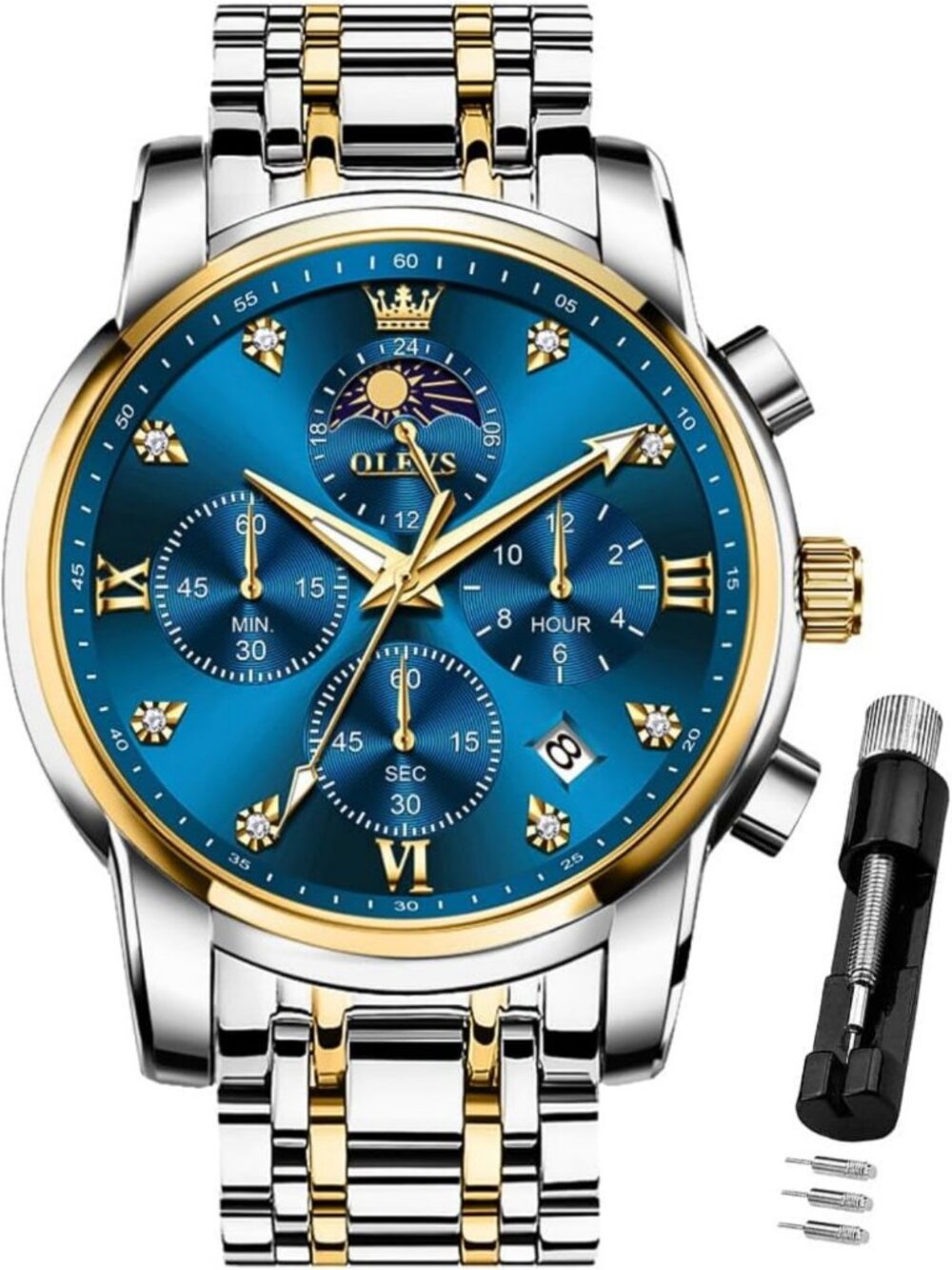 Luxury Men's Diamond Watch - Waterproof Analog Quartz, Luminous Date, Two-Tone